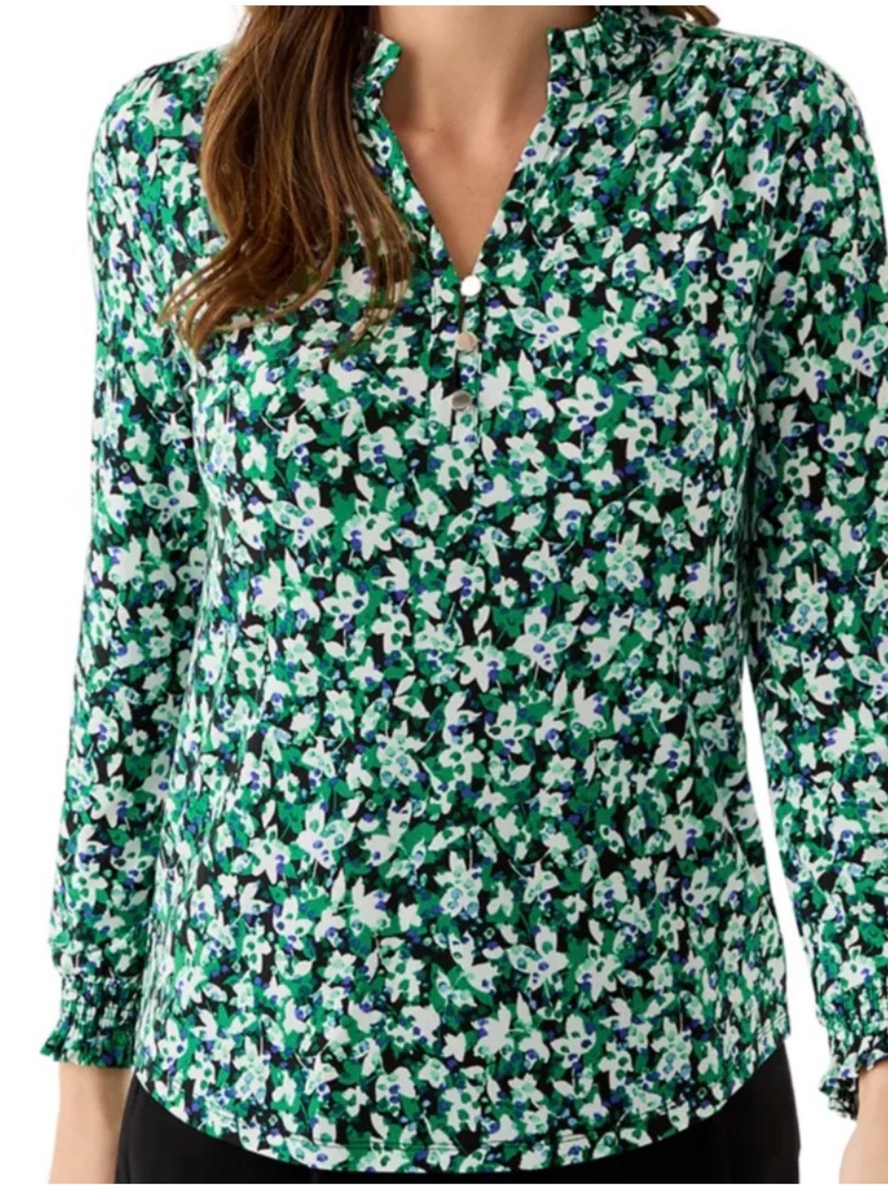 AK Anne Klein Petite Ruffled-Neck Smocked-Cuff Top Size L - Picture 2 of 9